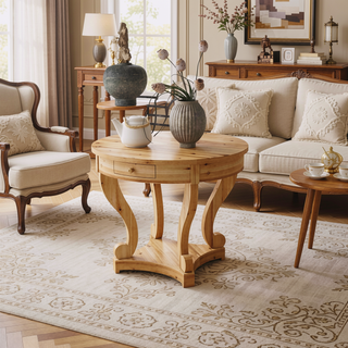 Sunvega Small Round Natural Wood Side Table with Two Storage Drawers