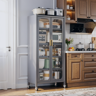 Sunvega 6 Tier Metal Kitchen Pantry Storage Cabinet with Transparent Door and Wheels