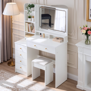 Sunvega 37 Inch Left Bedside Vanity Table with Cushioned Stool and Sliding LED Mirror