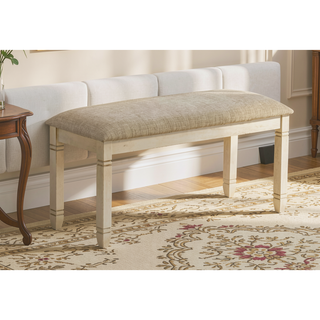 Sunvega 41" Rectangular Upholstered Bench with Antique White Wood Legs and Beige Fabric