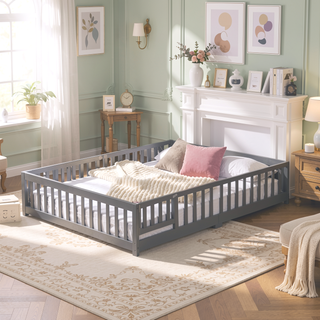 Sunvega Full Size Pine Wood Floor Bed with Safety Guardrails and Door