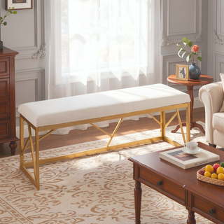 Sunvega Gold Metal Frame and White Velvet Upholstered Bench for Bedroom or Entryway