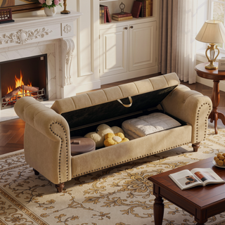 Sunvega Tufted Velvet Upholstered Bed Bench with Storage and High Backrest Chaise Lounge