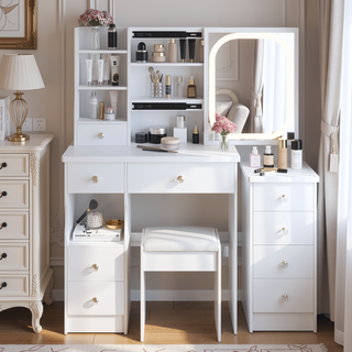 Sunvega Small Size Left Drawer Desktop Vanity Table with Cushioned Stool