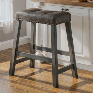 Sunvega Distressed Wooden Farmhouse Barstools with Faux Leather Seat, Counter-Height