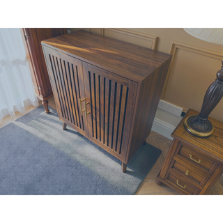 Sunvega Walnut Farmhouse Buffet Cabinet with Louvered Doors and Adjustable Shelves