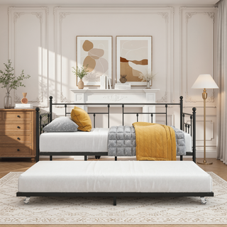 Sunvega Twin Size Victorian Style Metal Daybed Frame with Trundle Set for Guest Room