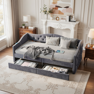 Sunvega Upholstered Twin Daybed with Storage Drawers and Mid-Century Wood Frame
