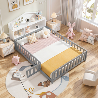 Sunvega Natural Wooden Montessori Floor Bed Frame with Fence and Door for Kids