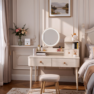 Sunvega Vanity Table with Touch Control LED Mirror and Cushioned Stool, Large Storage Cabinet