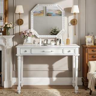 Sunvega Elegant White Dressing Table with Large Mirror and 3 Drawers for Bedroom