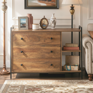 Sunvega Industrial Brown Dresser with Three Drawers and Two Open Shelves