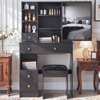 Sunvega Small Size Left Drawer Vanity Table with Adjustable LED Mirror and Stool