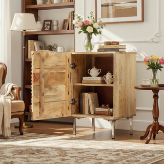 Sunvega Mango Wood Nightstand with Wave Design Cabinet Door and Shelving