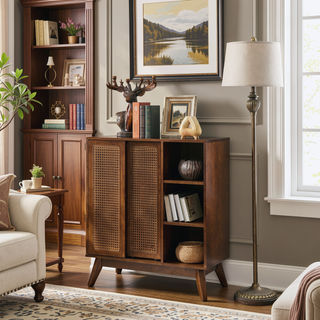 Sunvega Mid Century Modern Rattan Sideboard Cabinet with Adjustable Shelves and Solid Wood Feet