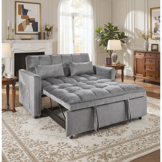 Sunvega Pink Velvet Convertible Sofa Bed with Reclining Backrest and Storage Pockets