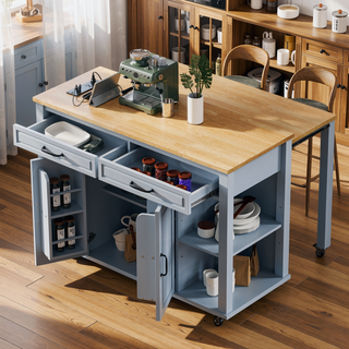 Sunvega Extendable Kitchen Island with Dining Table Internal Storage and Power Outlet