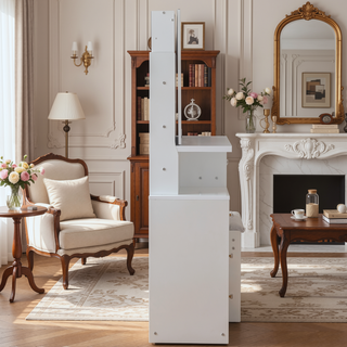 Sunvega Small Space Left Bedside Cabinet Vanity Table with Cushioned Stool and Sliding Mirror