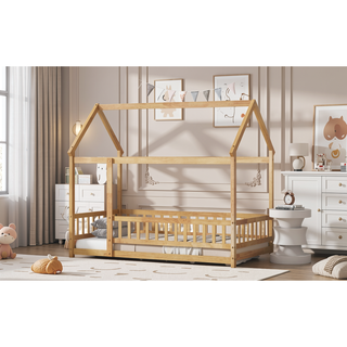 Sunvega Twin Size Wooden Floor Bed with Roof Frame and Safety Guardrails in Grey