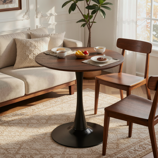 Sunvega Mid-Century Modern Walnut Round Dining Table with White Pedestal Base for 4