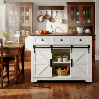 Sunvega Farmhouse Kitchen Island with Power Outlet Sliding Barn Doors and Drop Leaf