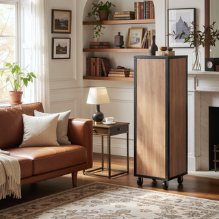 Sunvega Weathered Light Oak Finish Wood Chest with 5 Drawers and Industrial Caster Wheels