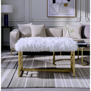 Sunvega Gold Finish Metal Base Armless Backless Lounge Bench with White Faux Fur
