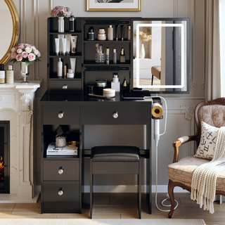 Sunvega Small Dressing Table with Sliding LED Mirror Tri-Color Light and Built-in Power Station