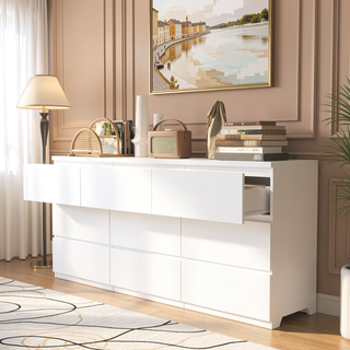 Sunvega Modern White 9 Drawer Storage Dresser with No Handles for Bedroom Living Room