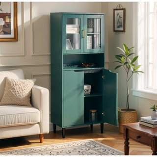Sunvega Tall Storage Bookcase with 4 Adjustable Shelves and Tempered Glass Doors