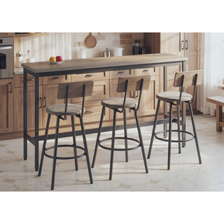 Sunvega Industrial Long Bar Table Set with 3 PU Upholstered Stools for Kitchen
