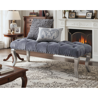 Sunvega Champagne Tufted Fabric Upholstered Bench with Nailhead Trim