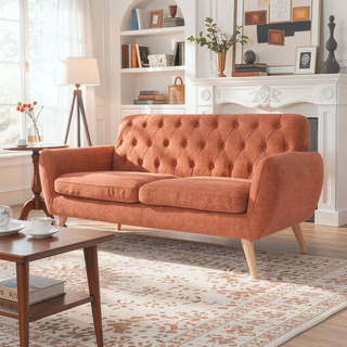 Sunvega Mid-Century Modern Loveseat with Button-Tufted Waffle Stitch Upholstery