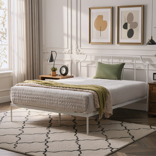 Sunvega Solid Metal Platform Bed with Rectangular Headboard and Scooped Corners, King, White