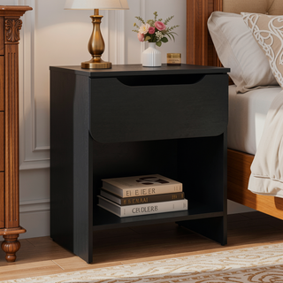 Sunvega Modern Minimalist Black Nightstand with Single Drawer and Open Cubby