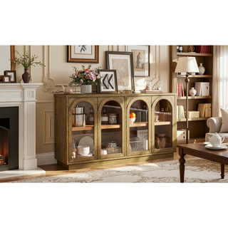 Sunvega Arched Glass Door Storage Buffet Cabinet with Adjustable Shelves for Kitchen Dining Room
