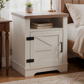 Sunvega Farmhouse Nightstand with Barn Door and Storage for Bedroom or Office