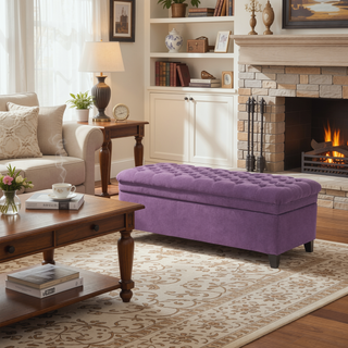 Sunvega Blue Fabric Storage Ottoman with Birch Legs for Living Room Seating