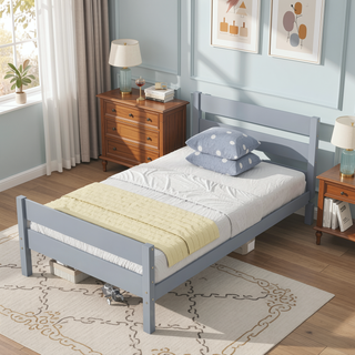 Sunvega Rubber Wood Twin Bed with Headboard and Footboard for Spacious Storage