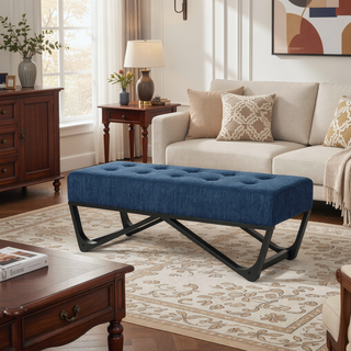 Sunvega Modern Ottoman Bench with Button-Tufted Waffle Stitch and Geometric Legs