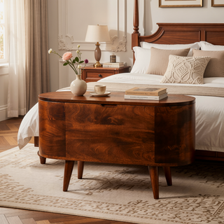 Sunvega Solid Mango Wood California Walnut Rounded Lid-Up Blanket Box with Nordic Legs