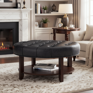 Sunvega Round Ottoman with Faux Leather Upholstery and Open Shelf for Living Room