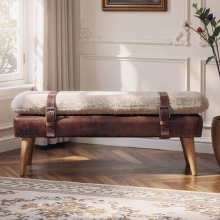 Sunvega Boucle and Mahogany Leather Bench with Belted Strap Design for Entryways