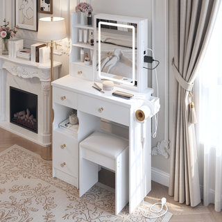 Sunvega Small Size Left Drawer Vanity Table with Adjustable LED Mirror and Stool