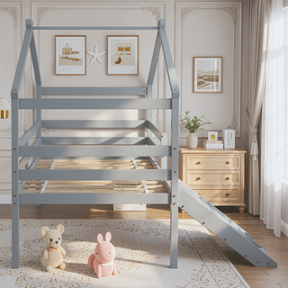 Sunvega Twin Low Loft House Bed with Slide Ladder Safety Guardrails and Roof Frame