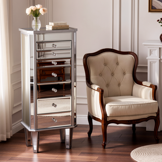 Sunvega Hollywood Inspired Mirrored Jewelry Armoire with Faux Crystal Knobs