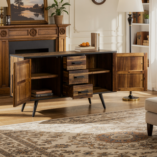 Sunvega Antique Acacia Finish Buffet Cabinet with Soft Close Drawers for Living Room