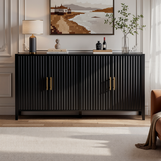 Sunvega Modern 4-Vertical Wavy Slatted Doors Sideboard with Solid Wood Legs and Metal Handles for Dining Room