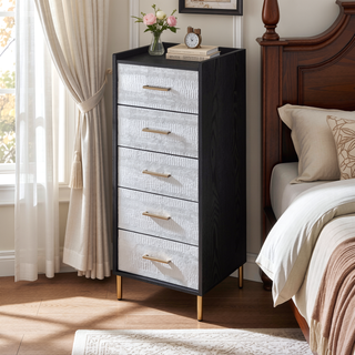 Sunvega Modern Nightstand with Patterned Drawer Fronts and Three Spacious Storage Drawers
