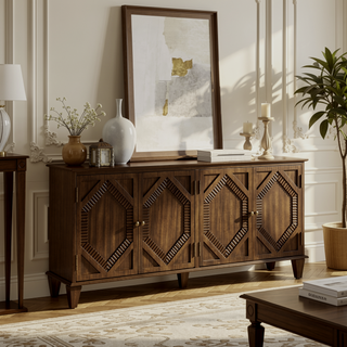 Sunvega Mid Century Modern Sideboard Buffet Cabinet with Spacious Storage and Geometric Accent